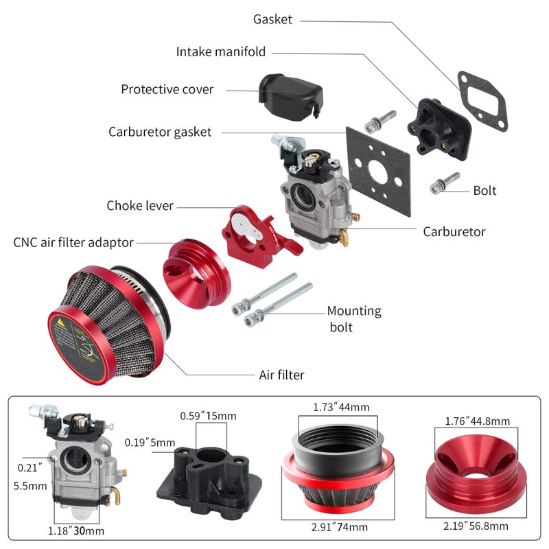 MTATCN 15mm Carburetor Upgrade Kit Air Filter Set Compatible with 2 Stroke 43cc 47cc 49cc Standup Gas Scooter ATV Quad Pocket Bike XG-550 BladeZ Moby X Red - Image 2